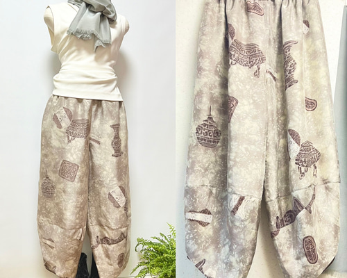 【和洋折衷】サルエルパンツ♡アンティーク 男児綿入着からリメイク 正絹 流鏑馬 和洋折衷】サルエルパンツ♡アンティーク 男児綿入着から