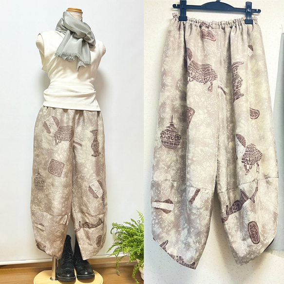 薄絹＊唐壺柄サルエルパンツ＋ストール＊綿混裏地付き＊着物