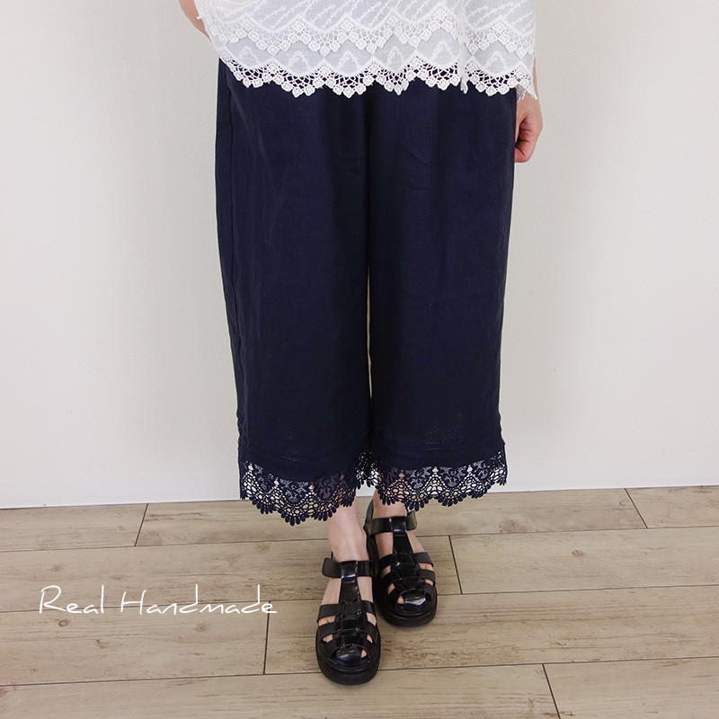 [予約販売]ヨーロッパネイビーリネンケミカルレースピンタック半端丈パンツ