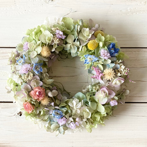 薔薇と紫陽花とアイビー★リース★ナチュラルリース★ハーフリース★ローズガーデン アジサイとローズのハーフリース アジサイ リース ハーフリース