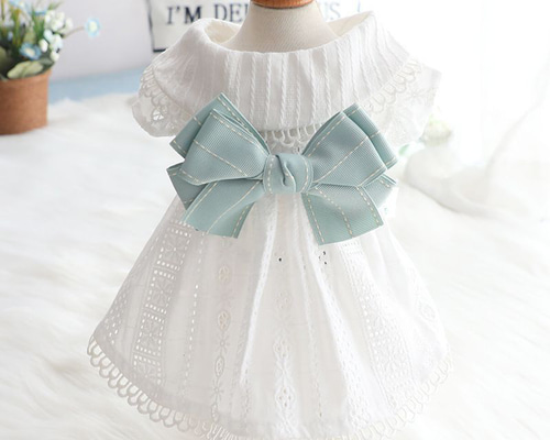 ピコネ　ペット服 水色ストライプドレスとリボン ピコネ ペット服 水色ストライプドレスとリボン