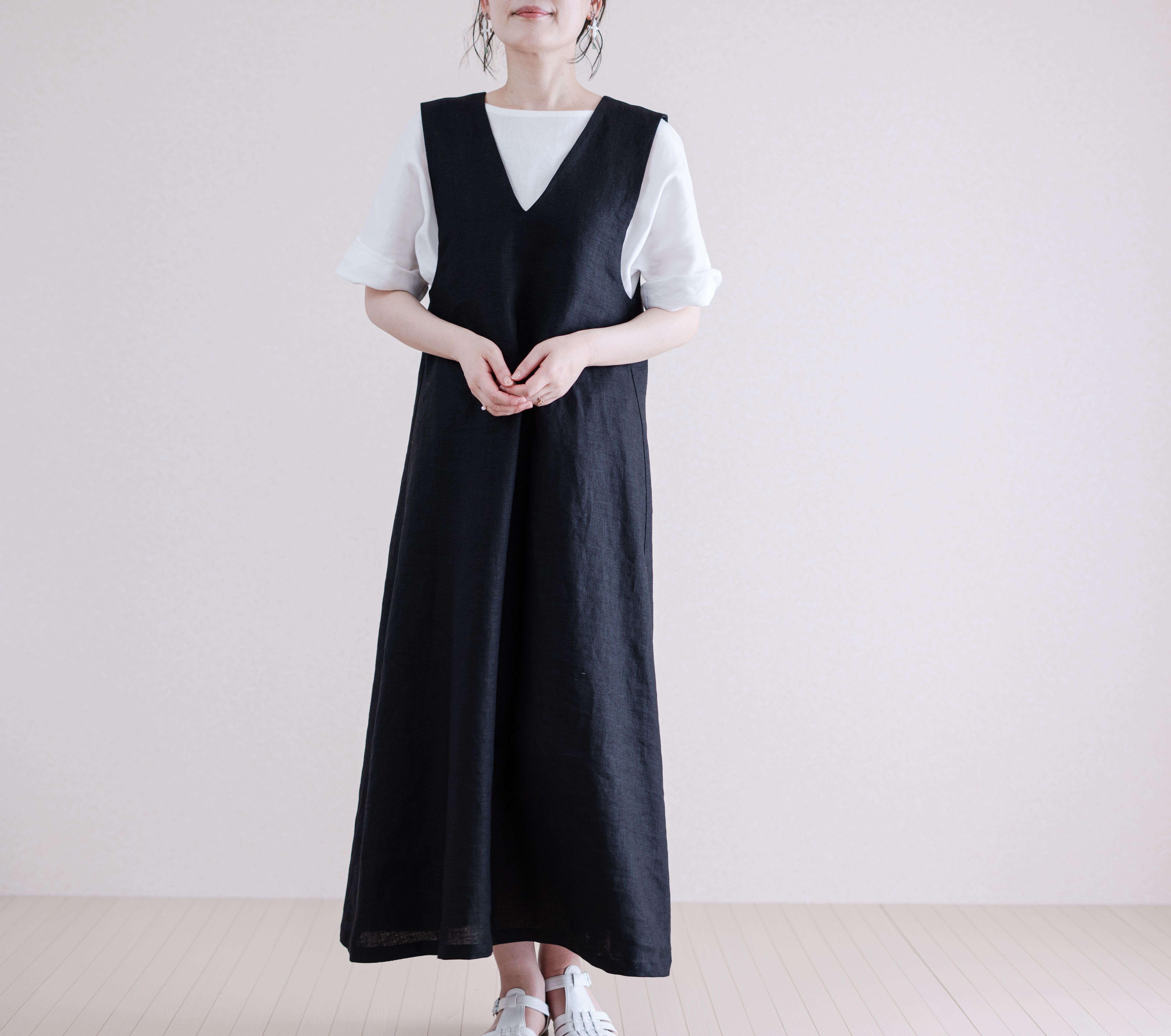 エブール ebure マキシ丈ワンピース リネン ジャンパースカート ネイビー リネンのジャンパースカート ロング丈ワンピース【ブラック