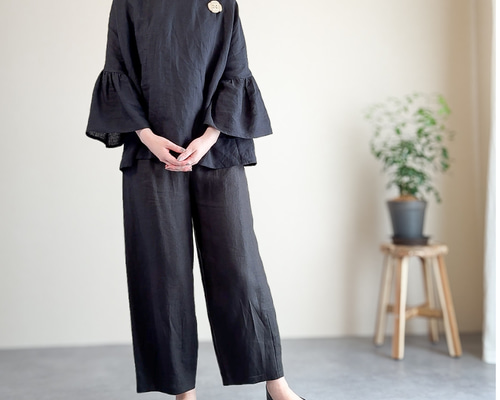 卒業式 入学式 パンツ】リネン コクーンパンツ 黒 9分丈 アンクル丈
