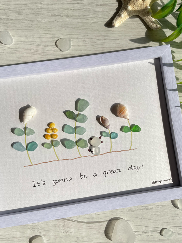 シーグラス 草花 猫 春 シーグラスアート インテリア雑貨 貝殻 壁掛け