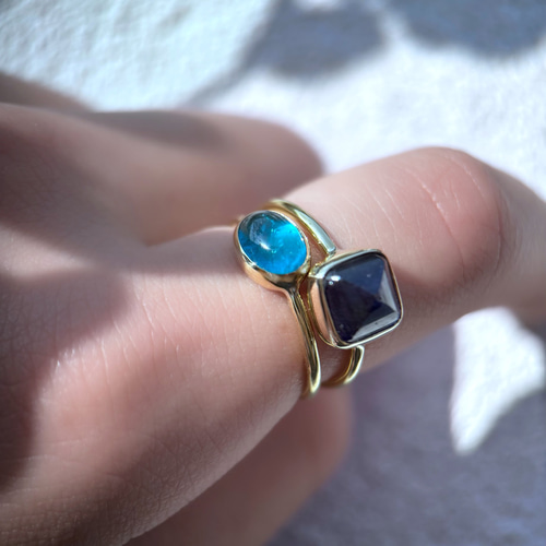 受注製作】ネオンブルーアパタイト ring （真鍮・シルバー） 指輪