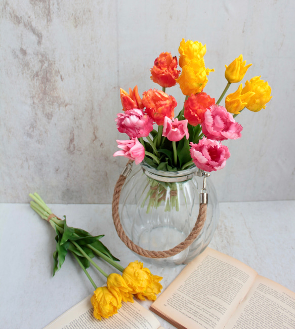 【リアル造花】パーロット咲きチューリップ5本ナチュラルブーケ【ローズレッド】 9枚目の画像