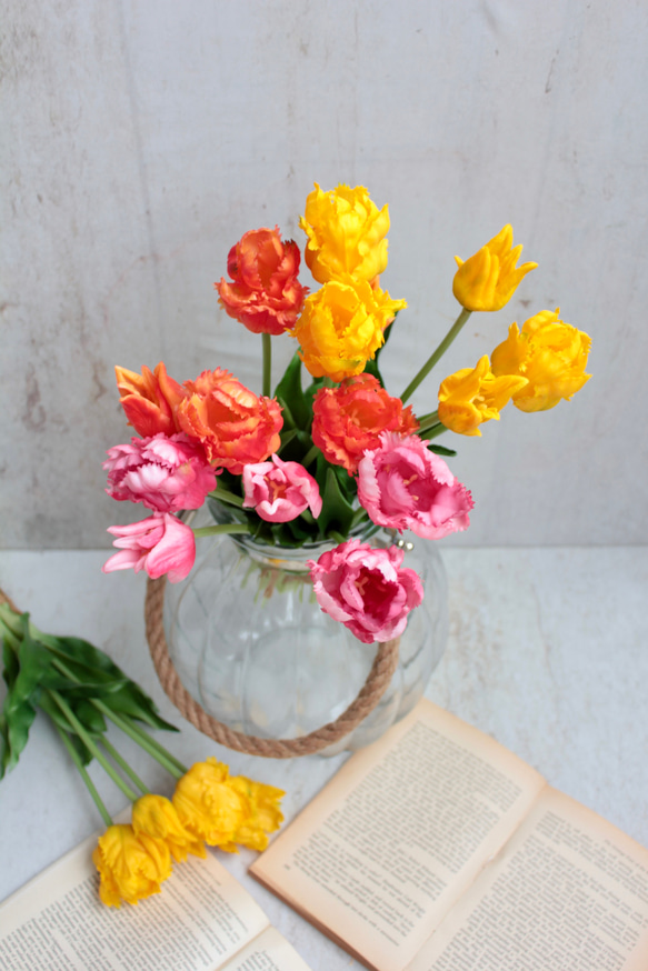 【リアル造花】パーロット咲きチューリップ5本ナチュラルブーケ【ローズレッド】 10枚目の画像