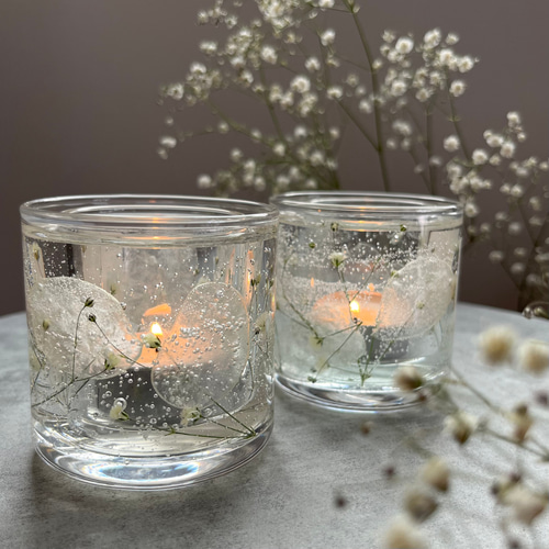 ルナリアとかすみ草のボタニカルキャンドルホルダー (ガラス/透明