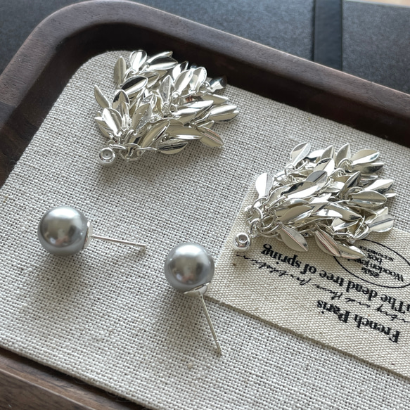 新作　シルバー　2way リーブ　タッセル　パール　ピアス　金属アレルギー対応　ポストS925 3枚目の画像