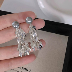 新作　シルバー　2way リーブ　タッセル　パール　ピアス　金属アレルギー対応　ポストS925 2枚目の画像