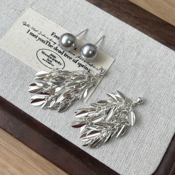 新作　シルバー　2way リーブ　タッセル　パール　ピアス　金属アレルギー対応　ポストS925 4枚目の画像