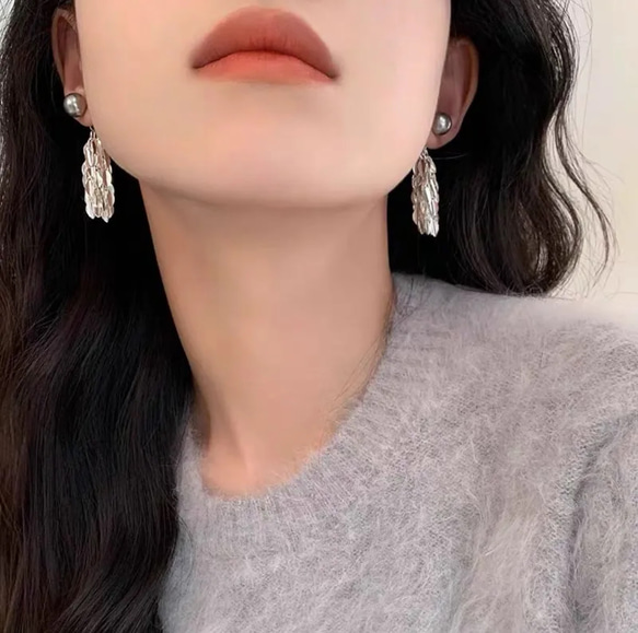 新作　シルバー　2way リーブ　タッセル　パール　ピアス　金属アレルギー対応　ポストS925 5枚目の画像