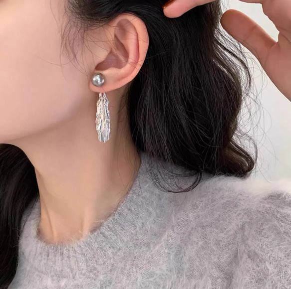 新作　シルバー　2way リーブ　タッセル　パール　ピアス　金属アレルギー対応　ポストS925 6枚目の画像