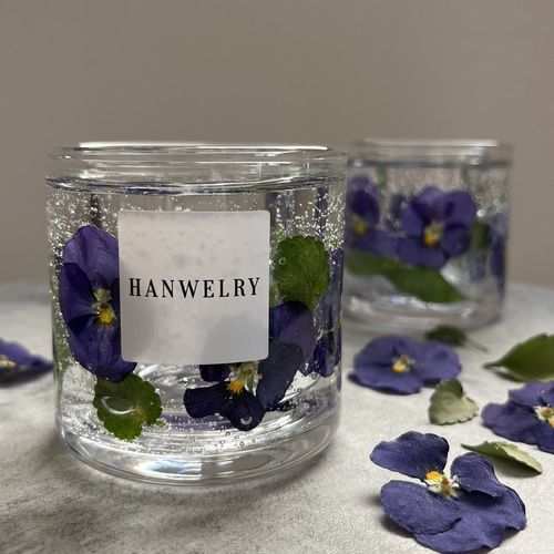 ブルービオラのボタニカルキャンドルホルダー (ガラス/透明 ジェル