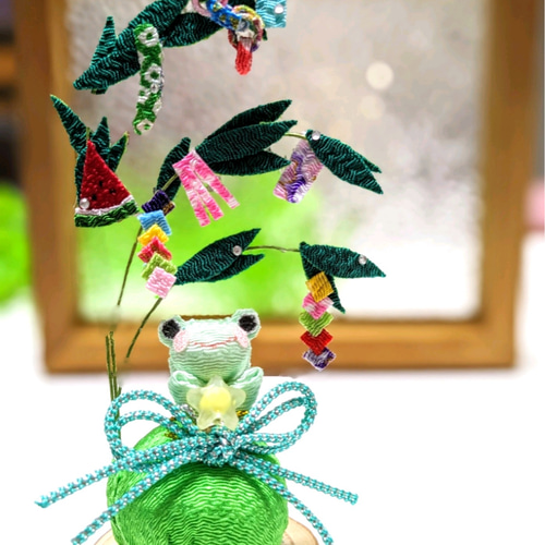 星に願いを☆ 七夕飾りとカエルちゃん ちりめん細工の小さな置物