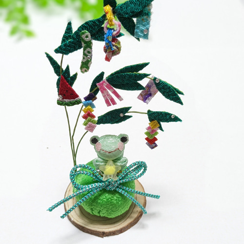 星に願いを☆ 七夕飾りとカエルちゃん ちりめん細工の小さな置物