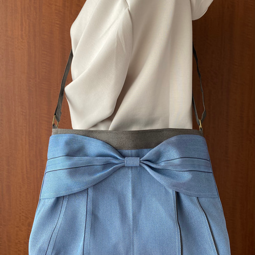 超軽量♡倉敷畳縁シンプルリボンショルダーバッグ：３点セット 受注生産】倉敷畳縁シンプルリボンショルダーバッグ(スモーキーブルー