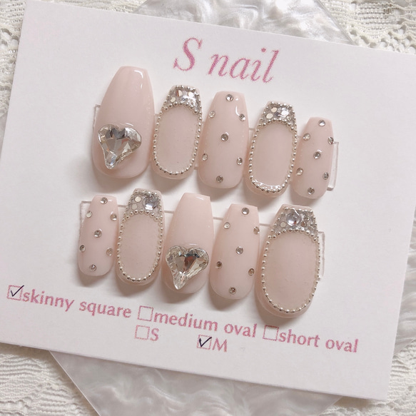 ネイルチップオーダー ストーン埋めつくし フレンチネイル ハートネイル韓国 ネイルチップオーダー ストーン埋めつくし フレンチネイル