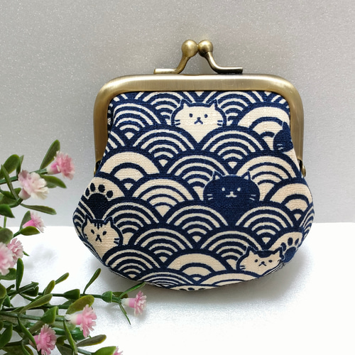 新色!!《青猫波》アイボリー×紺色 がま口財布 小銭入れ 小銭入れ