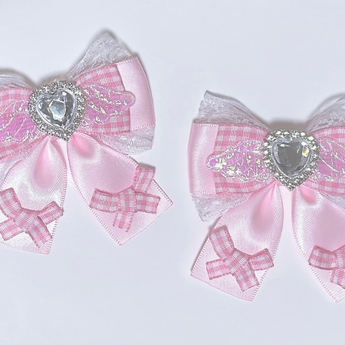 エンジェル リボン ヘアクリップ ピンクギンガムチェック♡量産型地雷