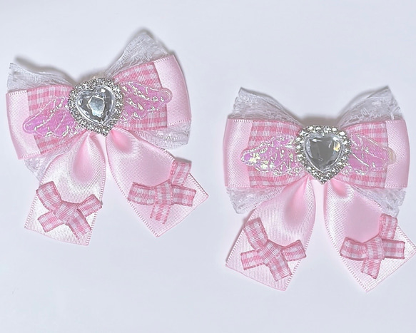 エンジェル リボン ヘアクリップ ピンクギンガムチェック♡量産型地雷