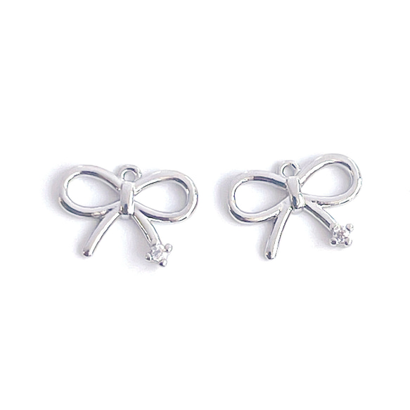ejp574【2個入り】一粒 キュート リボンモチーフ シルバー チャーム 1枚目の画像