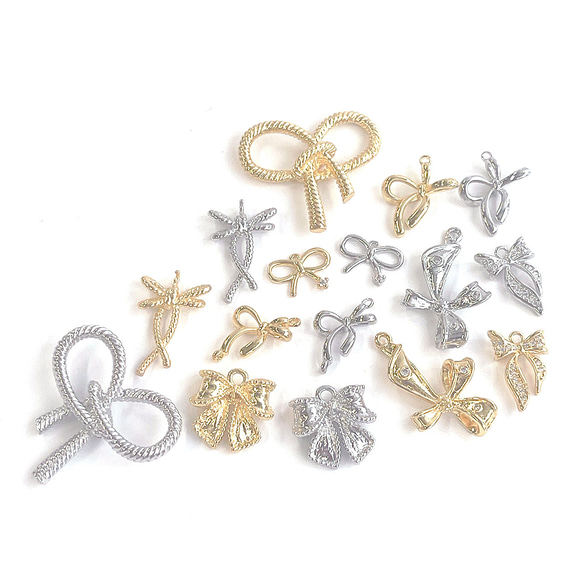 ejp574【2個入り】一粒 キュート リボンモチーフ 16KGP ゴールド チャーム 7枚目の画像