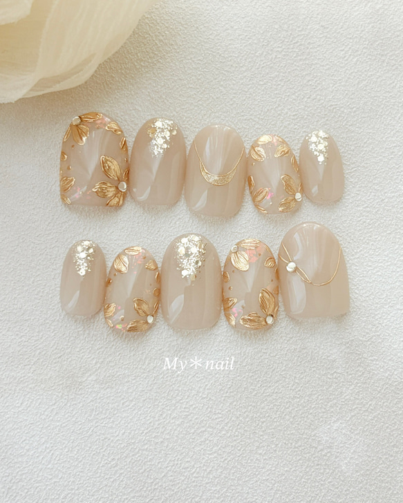 ネイルチップ｜ホワイト×フラワーミラーネイルチップ｜上品・大人