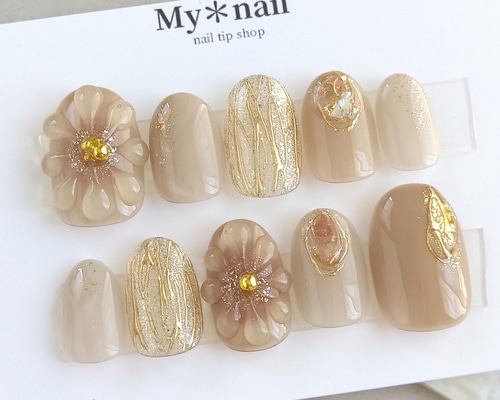 no.014淡色 ベージュ ブラウン フラワー 花 ネイルチップ 結婚式 成人式 no.014淡色 ベージュ ブラウン フラワー 花 ネイルチップ 結婚式