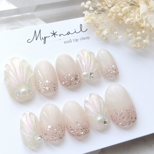 ［19］ネイルチップ うるうるネイル ぷっくり オーロラ ぷるぷる オーダー ネイルチップ｜うるうるオーロラぷっくり貝殻アート×ピンクラメ