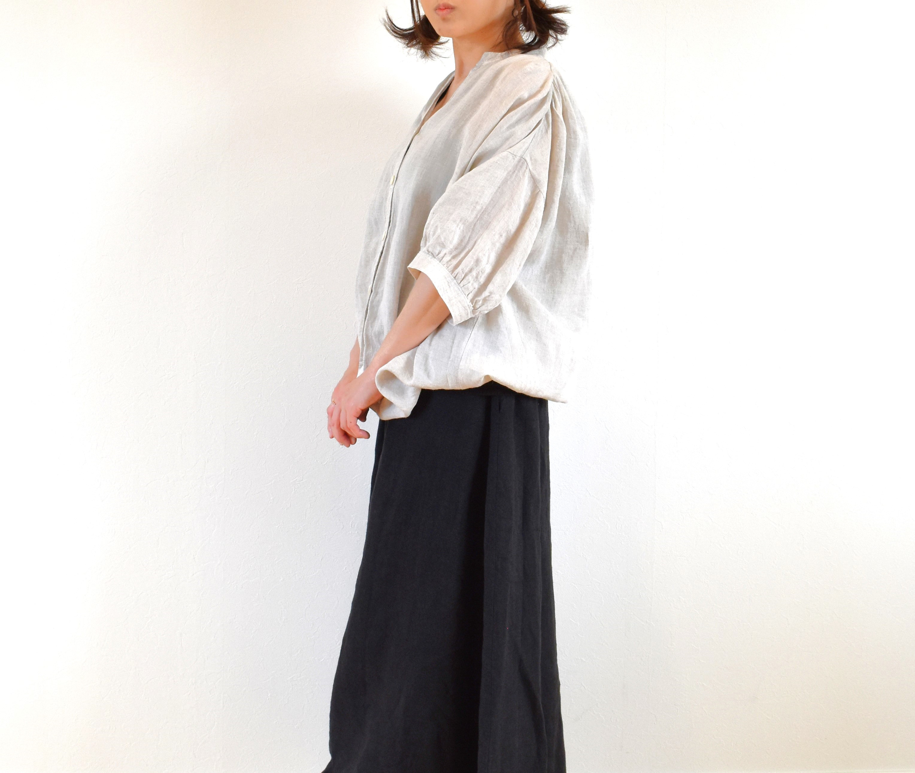 麻100％ ボタンブラウス バンドカラー ロング丈/生成 キナリ