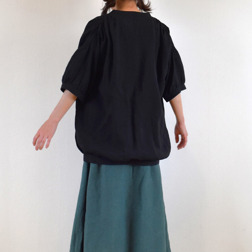 麻100％ ボタンブラウス バンドカラー ロング丈/black 黒 ブラック