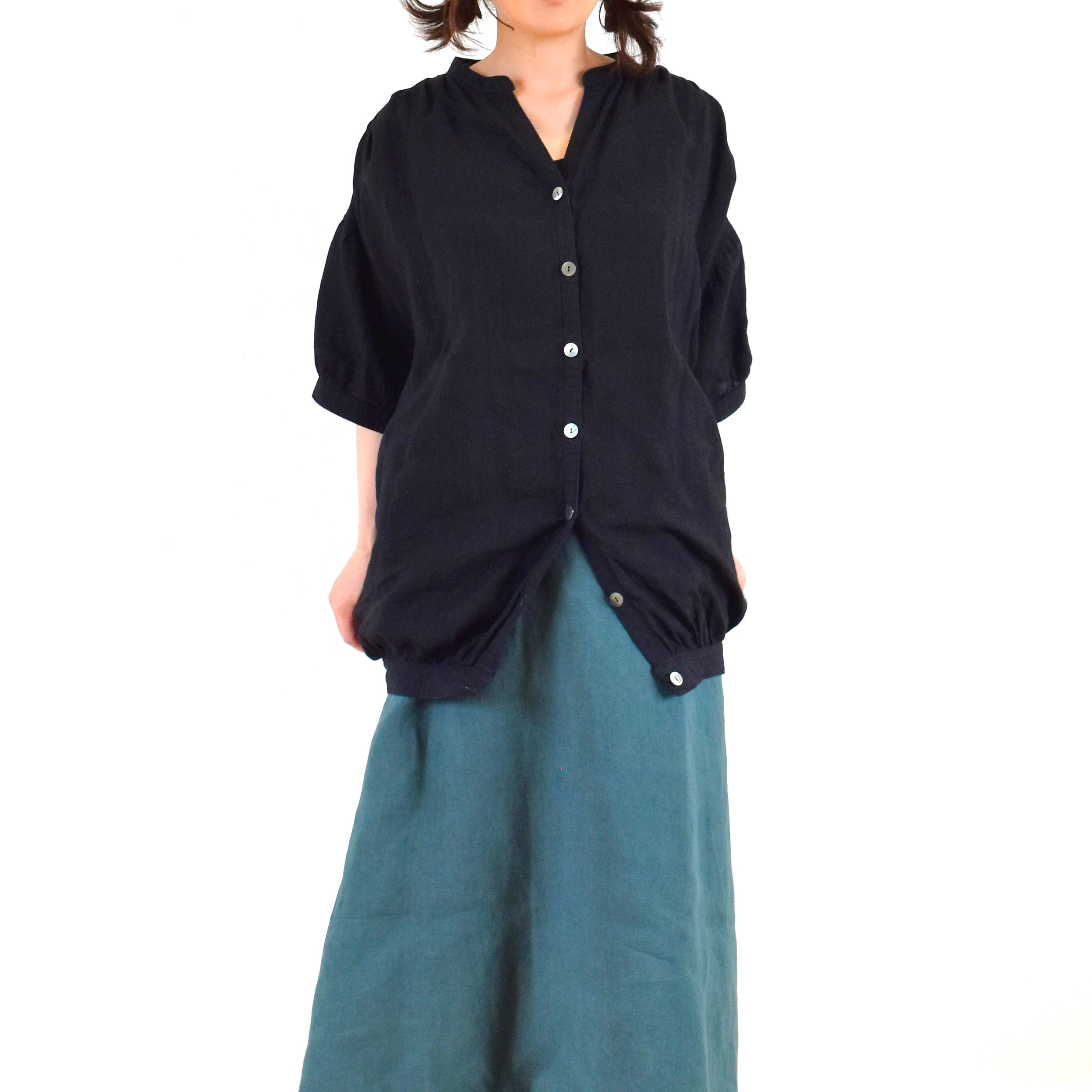 麻100％ ボタンブラウス バンドカラー ロング丈/black 黒 ブラック