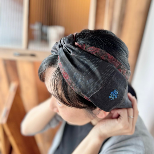 こぎん刺し×着物♪調節可能ヘアターバン(大島紬、花十字)♦︎1点
