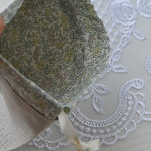 あじさい刺繍リネン巾着袋 クロスステッチのワンポイント刺繍 巾着袋