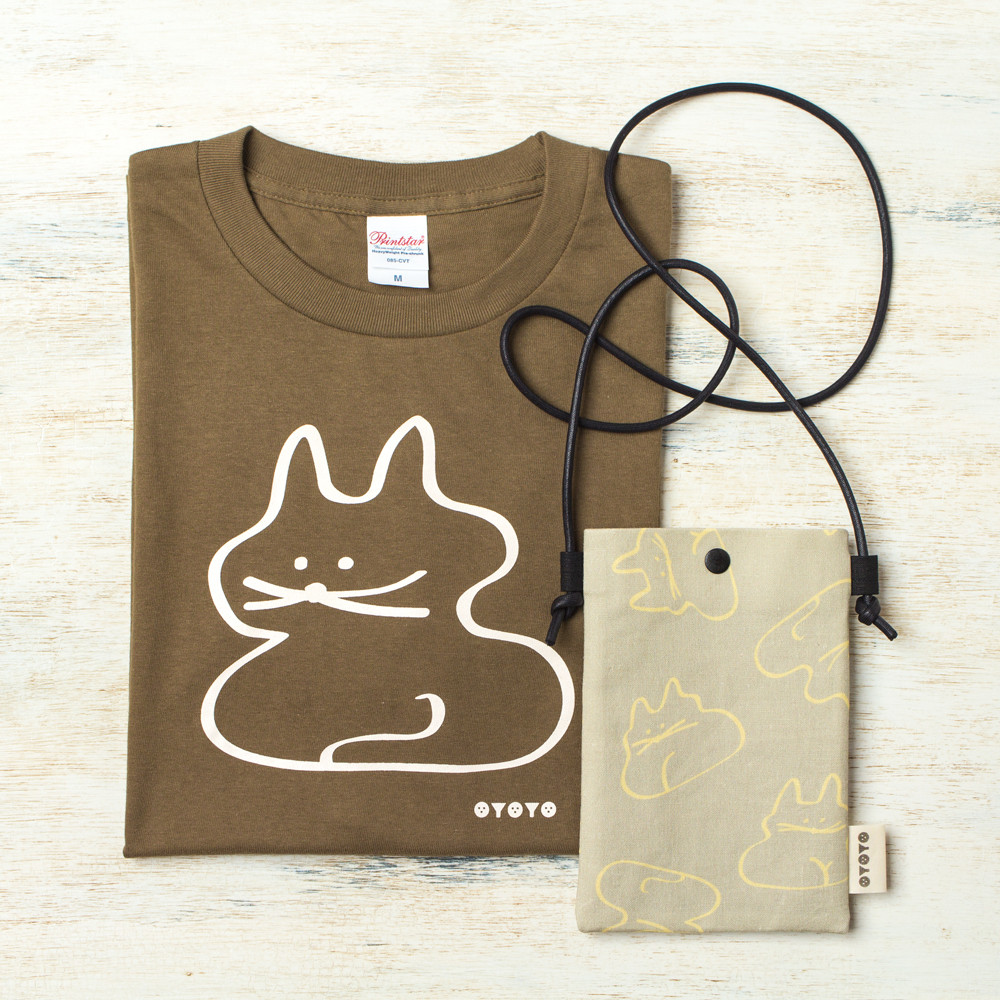 Tシャツ＆スマホポシェットSET＊koubako-nekoねこ柄Tシャツ(オリーブ)＆スマホショルダー(サンドベージュ)