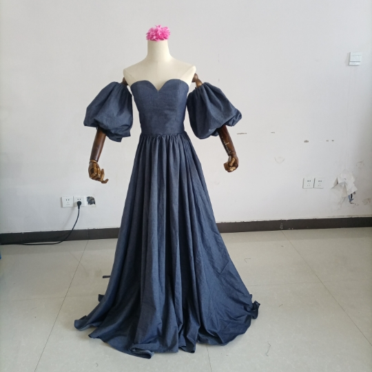 デニムドレス パーティードレス ベアトップ パフスリーブ 2次会/合コン 編み上げ