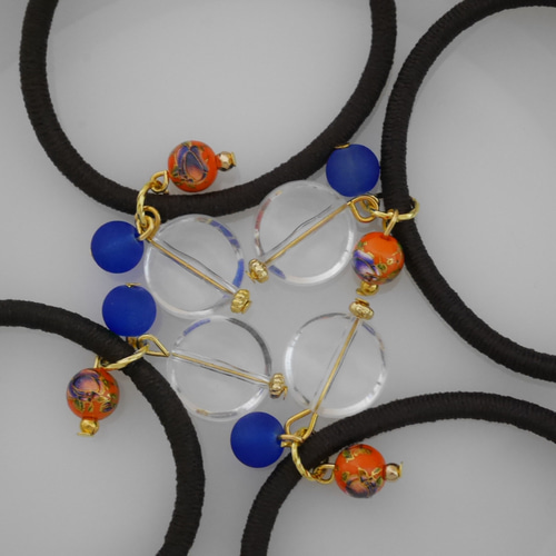 ブルー×あんず色◇夏のじゃらじゃらヘアゴム2個セット◇Creema限定