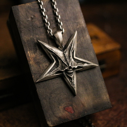 もっくん 1960sヴィンテージ シルバー925 ネックレス 五芒星 五芒星ペンダント、地獄サタンの笑顔、ルーン五芒星ゴシック