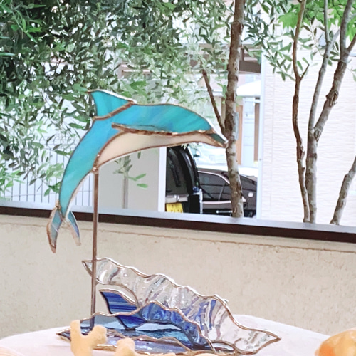 ステンドグラス　イルカ 楽天市場】在庫処分 ステンドグラス パネル 住宅用 18cm×18cm イルカ