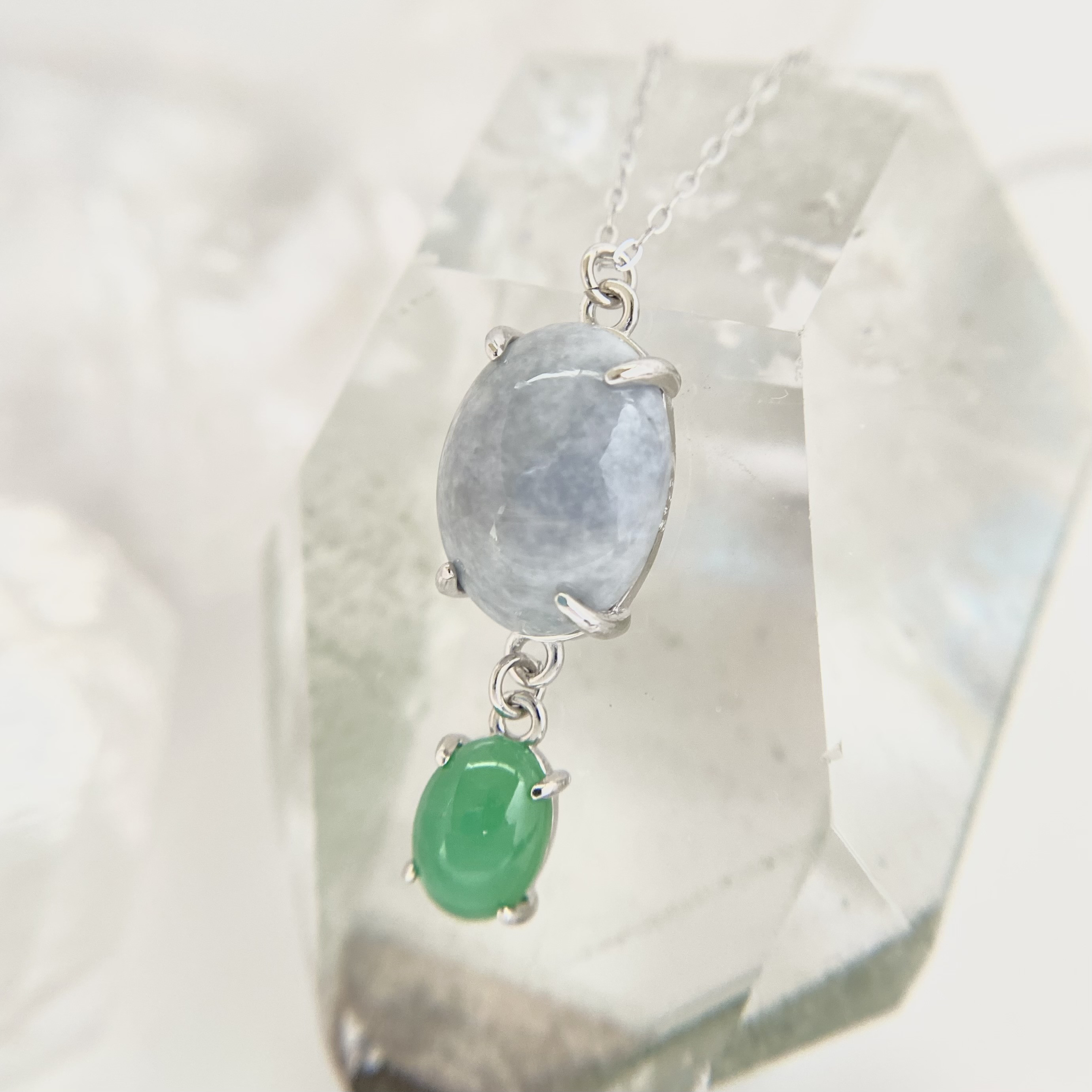 ラベンダー翡翠とクリソプレーズのシルバーネックレス☆原石から磨きました！