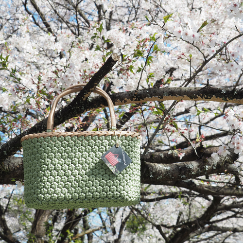 受注製作〙大人かごバッグ グリーン カラフル クラフトバンド かご