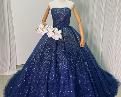 送料無料！カラードレス ネイビー 編み上げ キラキラグリッター