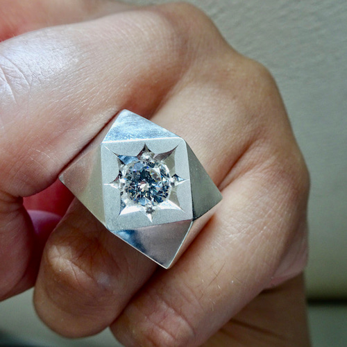 仁尾彫金『一つ星ジルコニア、ブロックプラチナリング』ハンドメイド  