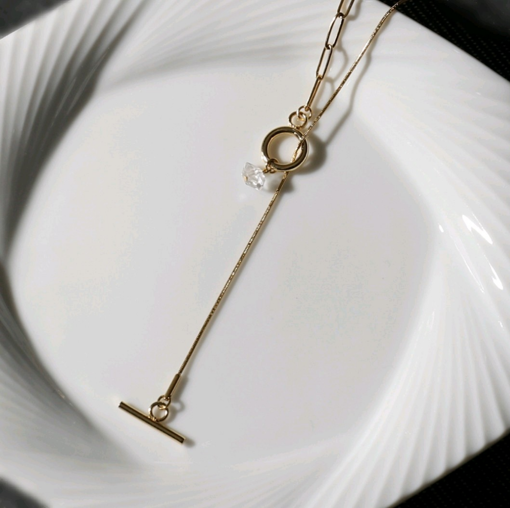 2色◇ポイントハーキマーマンテルロングネックレス【サージカルステンレス】ラリエットY字チェーンループタイアレルギー対応