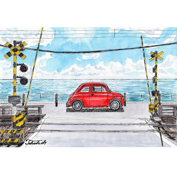 原画一点物 「海辺のドライブ」 ＜ペン＋透明水彩＞ 絵画 Takashi.A