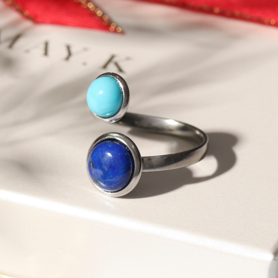 コーデリングおまけ中♪『空』《ターコイズ×ラピスラズリ》天然石フォークリング【サージカルステンレス《ゴールド/シルバー》