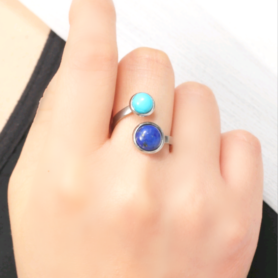 コーデリングおまけ中♪『空』《ターコイズ×ラピスラズリ》天然石フォークリング【サージカルステンレス《ゴールド/シルバー》