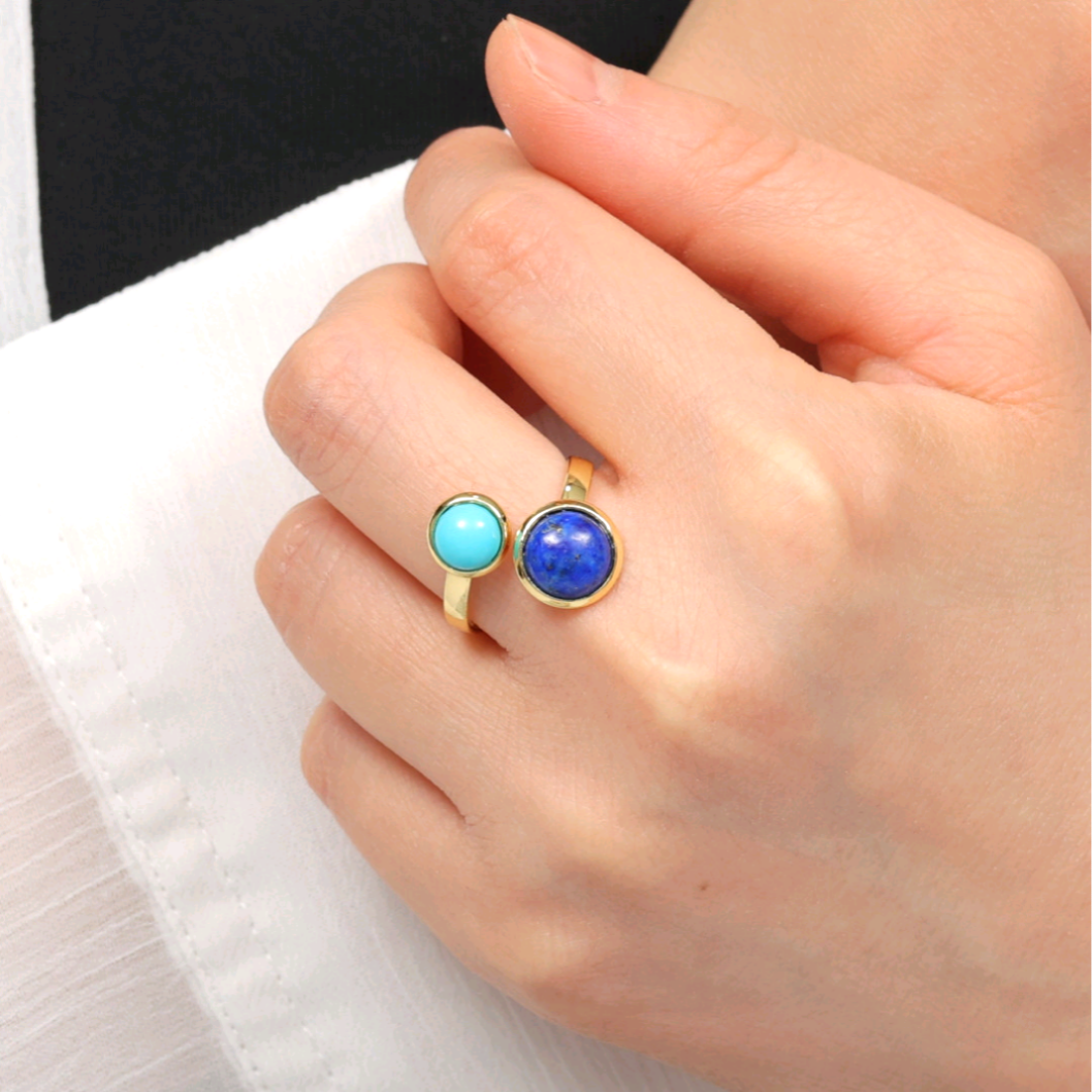 コーデリングおまけ中♪『空』《ターコイズ×ラピスラズリ》天然石フォークリング【サージカルステンレス《ゴールド/シルバー》