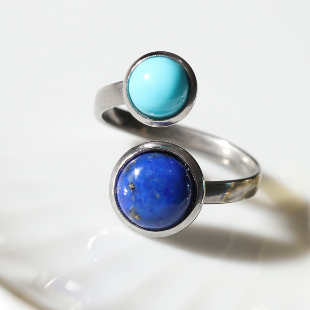 コーデリングおまけ中♪『空』《ターコイズ×ラピスラズリ》天然石フォークリング【サージカルステンレス《ゴールド/シルバー》